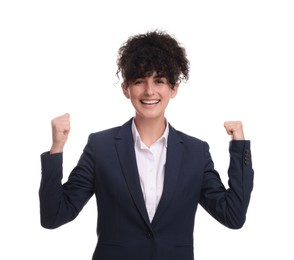 Beautiful young businesswoman in suit on white background