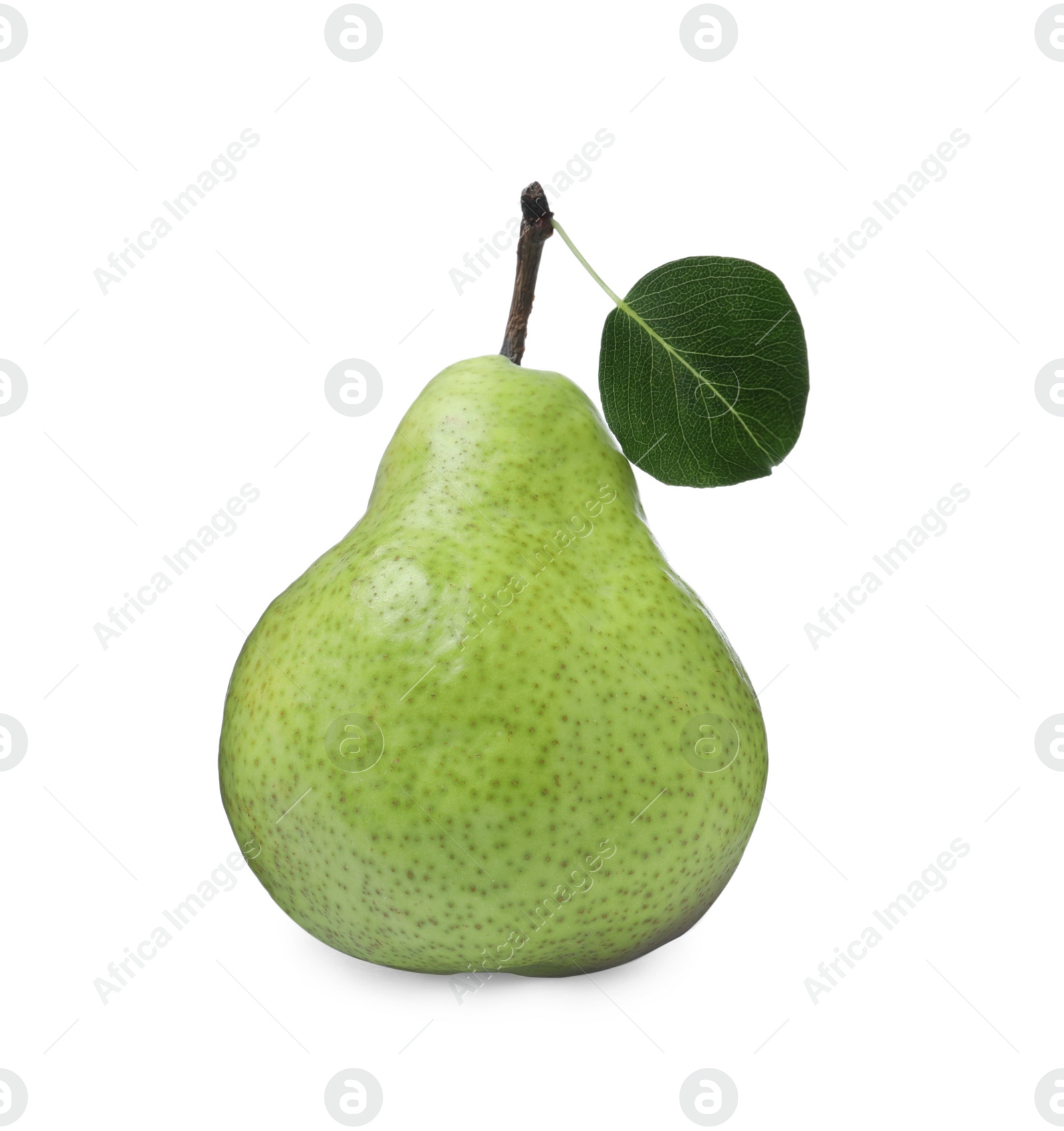 Photo of One fresh ripe pear with green leaf isolated on white