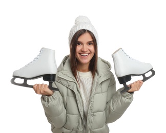 Photo of Happy woman with ice skates on white background