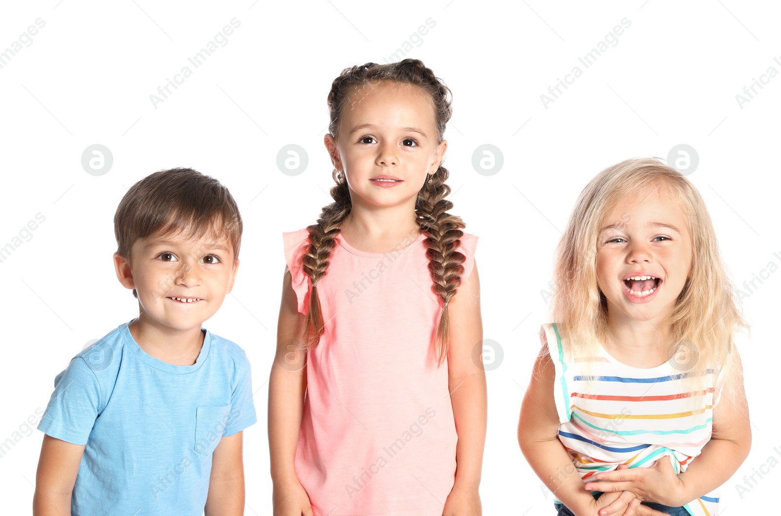 Photo of Portrait of cute little children on white background