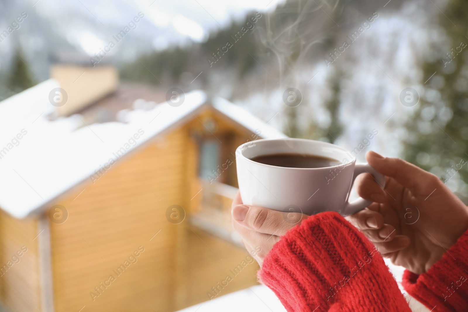 Photo of Woman with cup of tasty coffee outdoors on winter morning, closeup