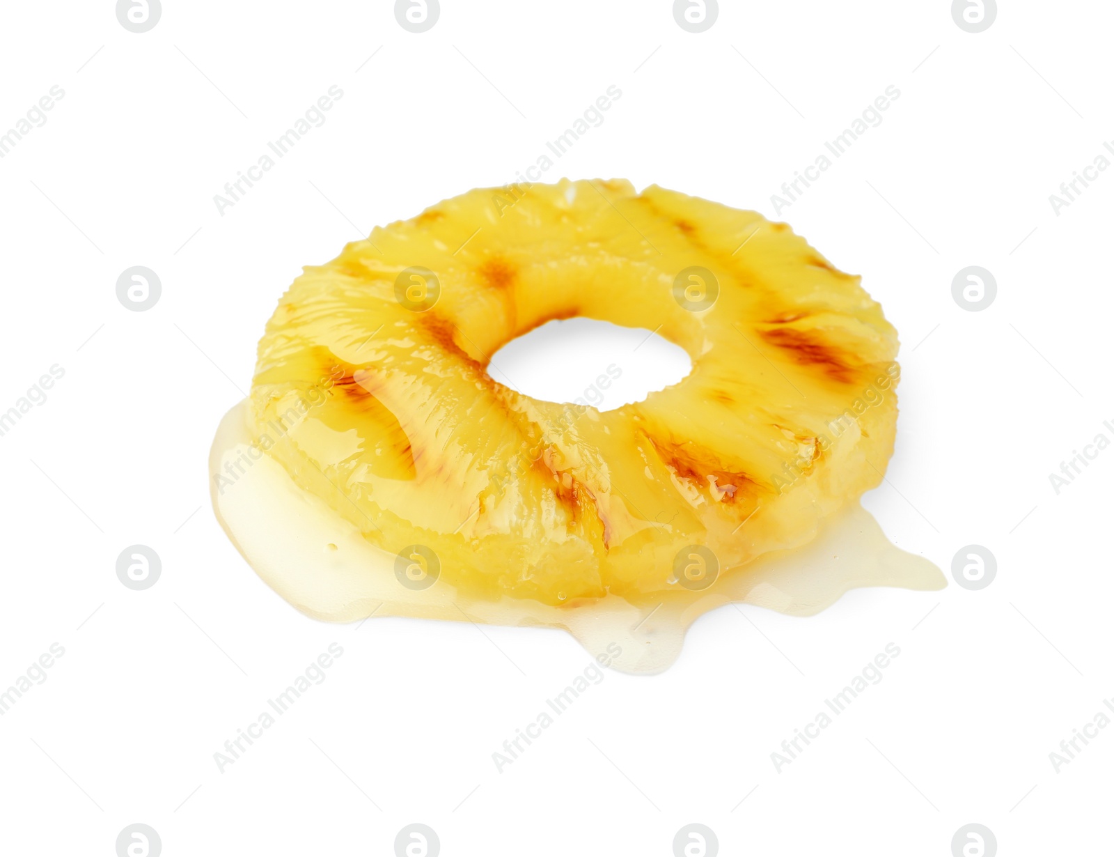 Photo of One slice of tasty grilled pineapple isolated on white