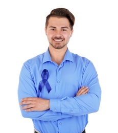 Young man with blue ribbon on white background. Urological cancer awareness