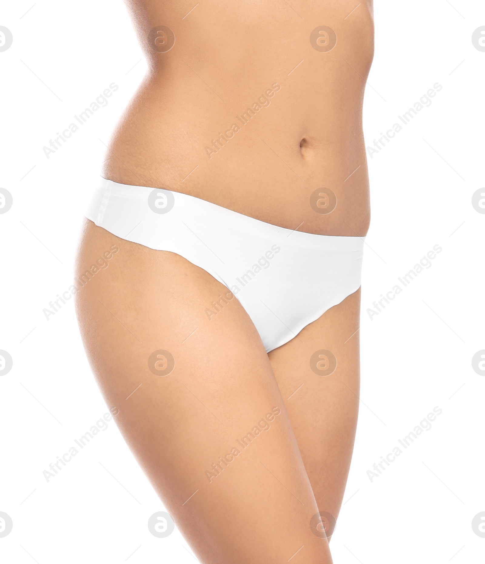 Photo of Young woman showing smooth skin after bikini epilation on white background