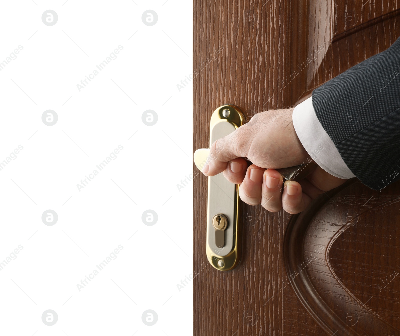 Photo of Man opening wooden door on white background, closeup