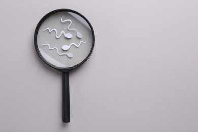 Photo of Reproductive medicine. Magnifier and sperm cells on gray background, top view with space for text