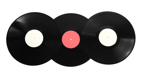 Vintage vinyl records on white background, top view