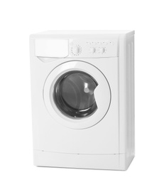 Photo of Modern washing machine isolated on white. Laundry day