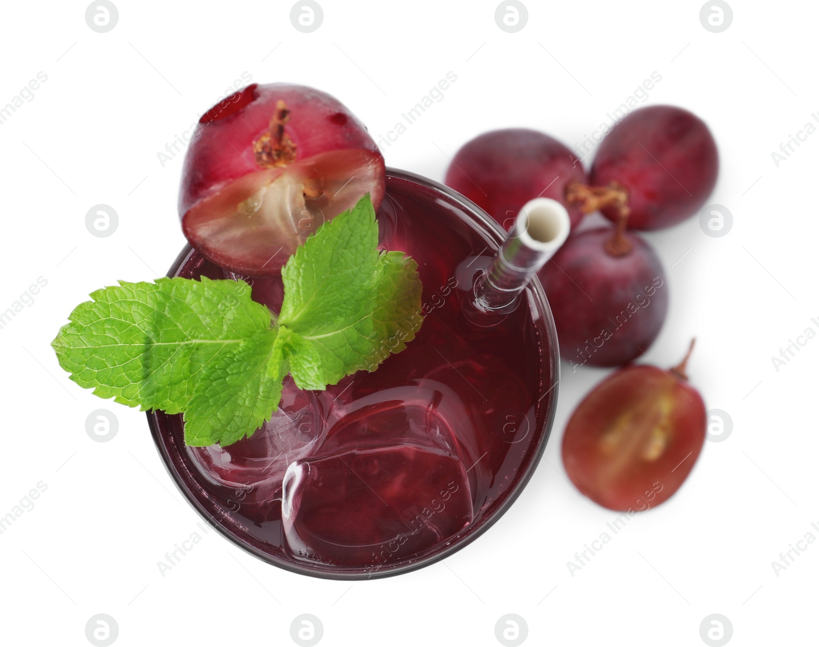 Photo of Delicious grape soda water isolated on white, top view. Refreshing drink