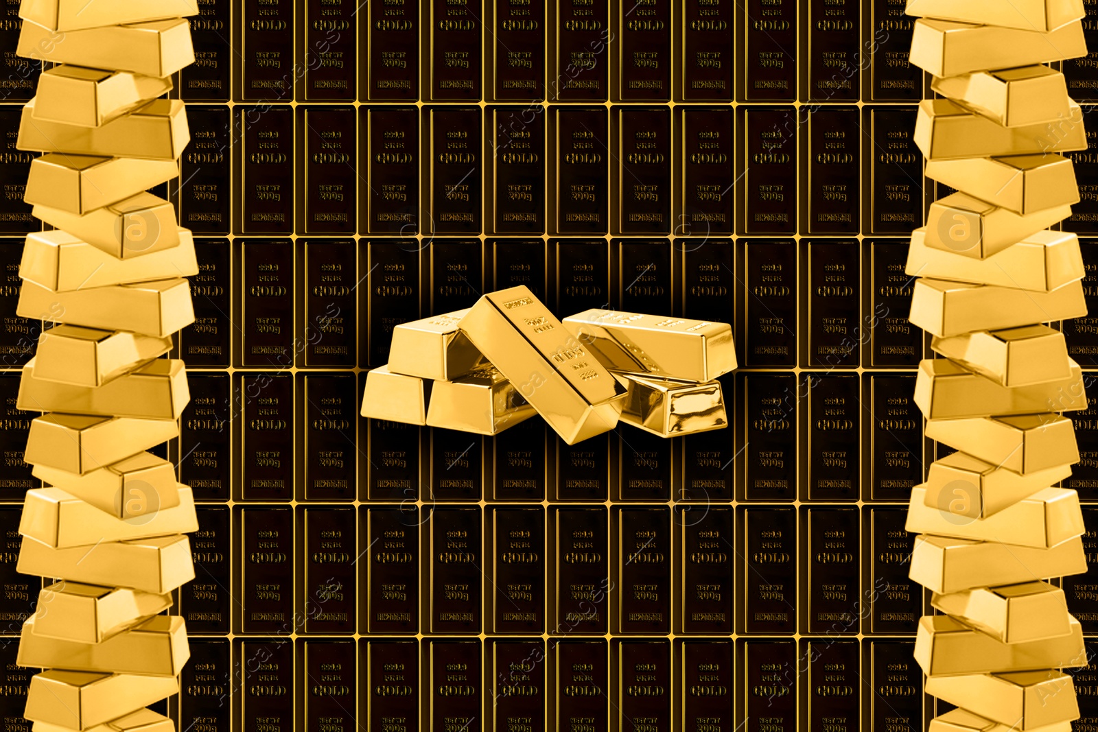 Image of Collage with many gold bars. Heap, stacked and background