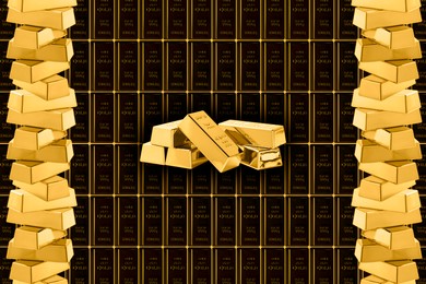 Collage with many gold bars. Heap, stacked and background