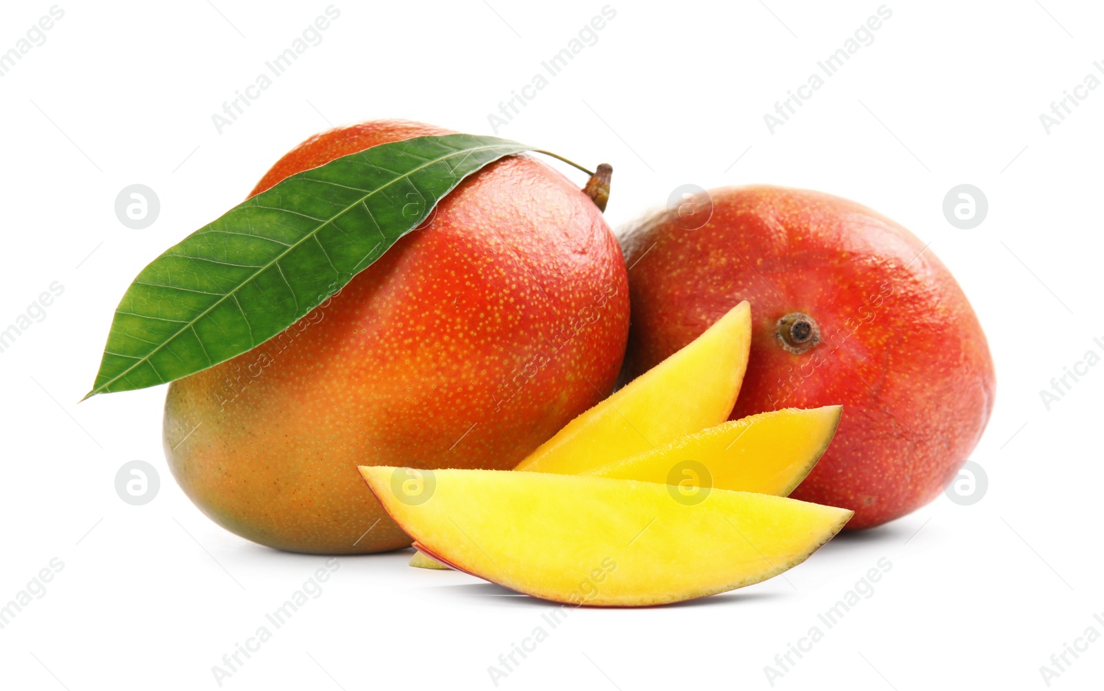 Photo of Delicious ripe mangoes on white background. Tropical fruit