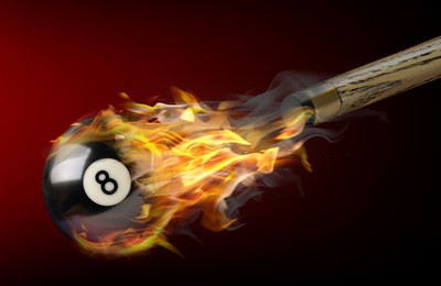 Image of Cue and billiard ball with number 8 in fire flying on color background