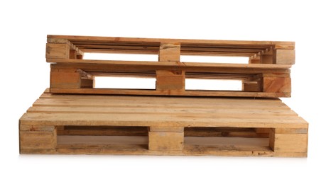 Photo of Wooden pallets isolated on white. Transportation and storage