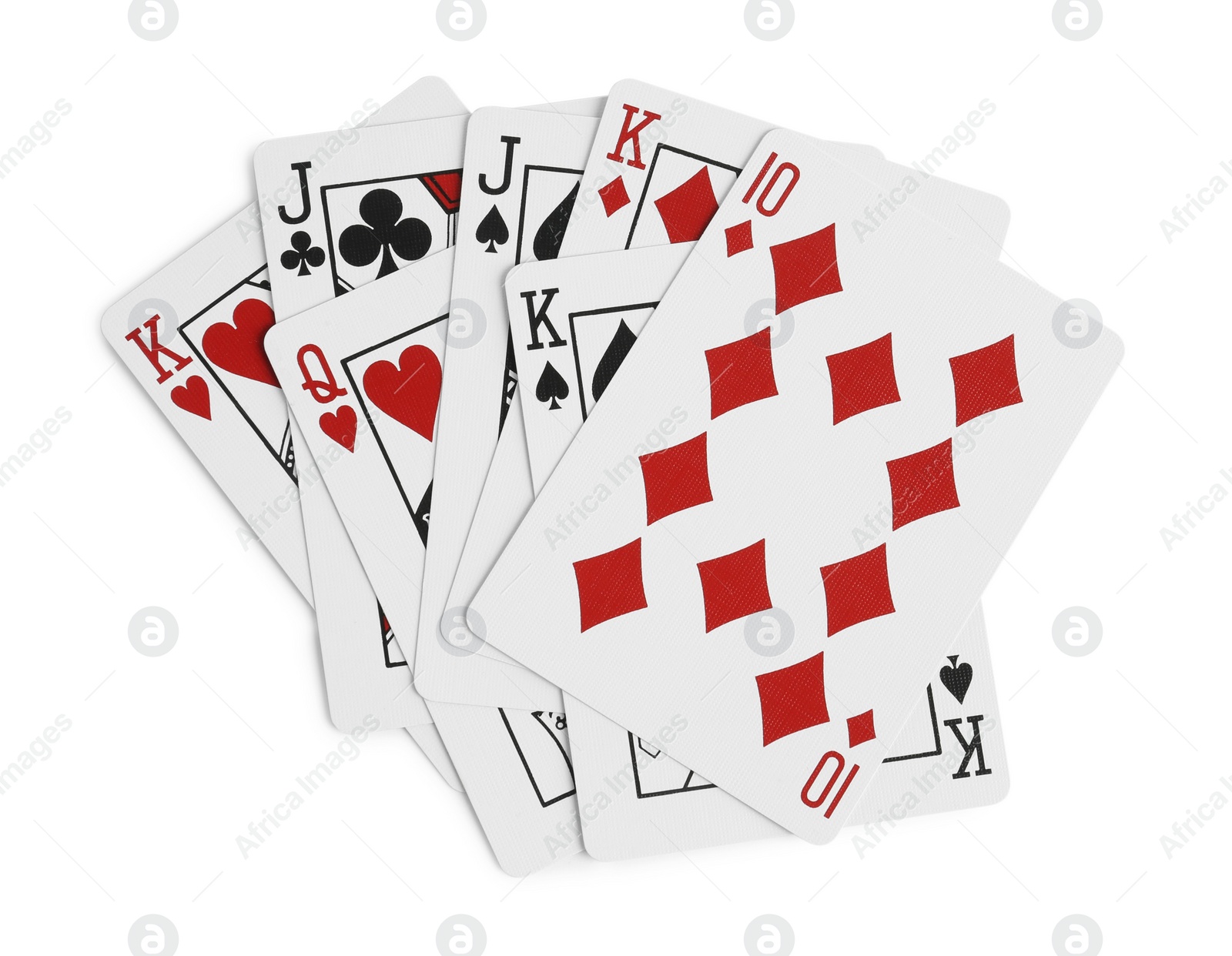 Photo of Playing cards on white background, top view