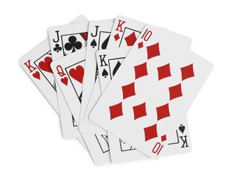 Photo of Playing cards on white background, top view