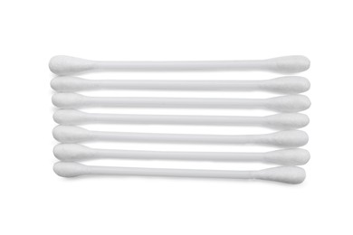 Photo of Plastic cotton buds on white background, top view