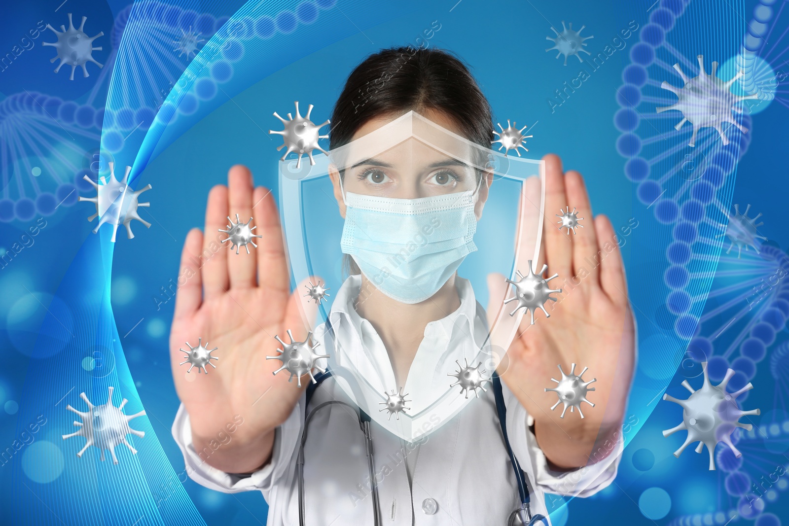 Image of Immunologist and shield with cross as symbol of virus protection on light blue background