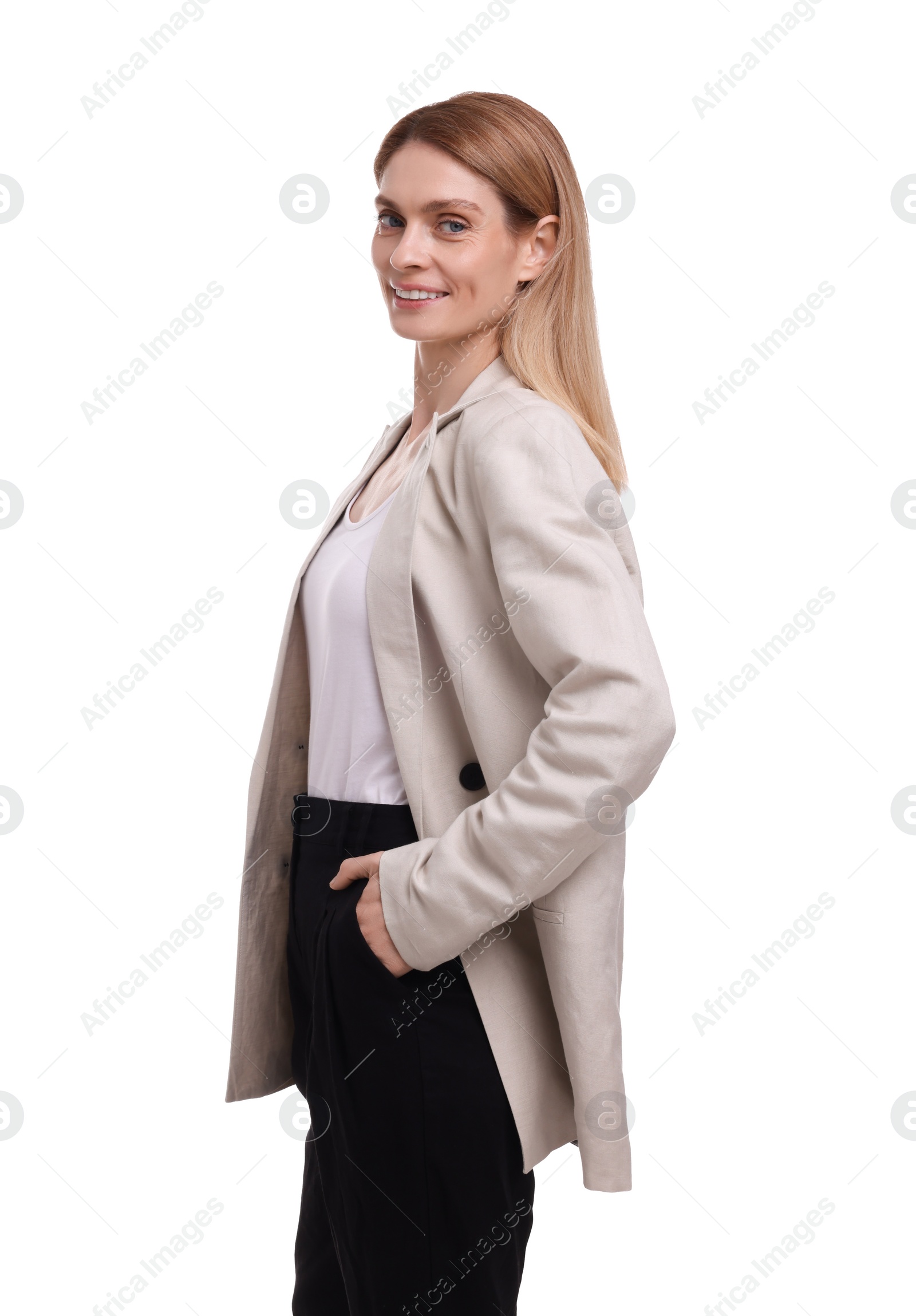 Photo of Portrait of beautiful happy businesswoman on white background