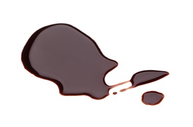 Photo of Puddle of soy sauce on white background, top view