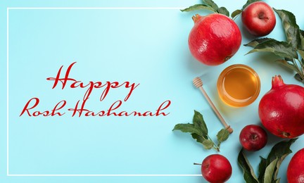 Image of Flat lay composition with Rosh Hashanah holiday attributes on light blue background 