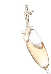 Photo of Glass of champagne on white background. Festive drink