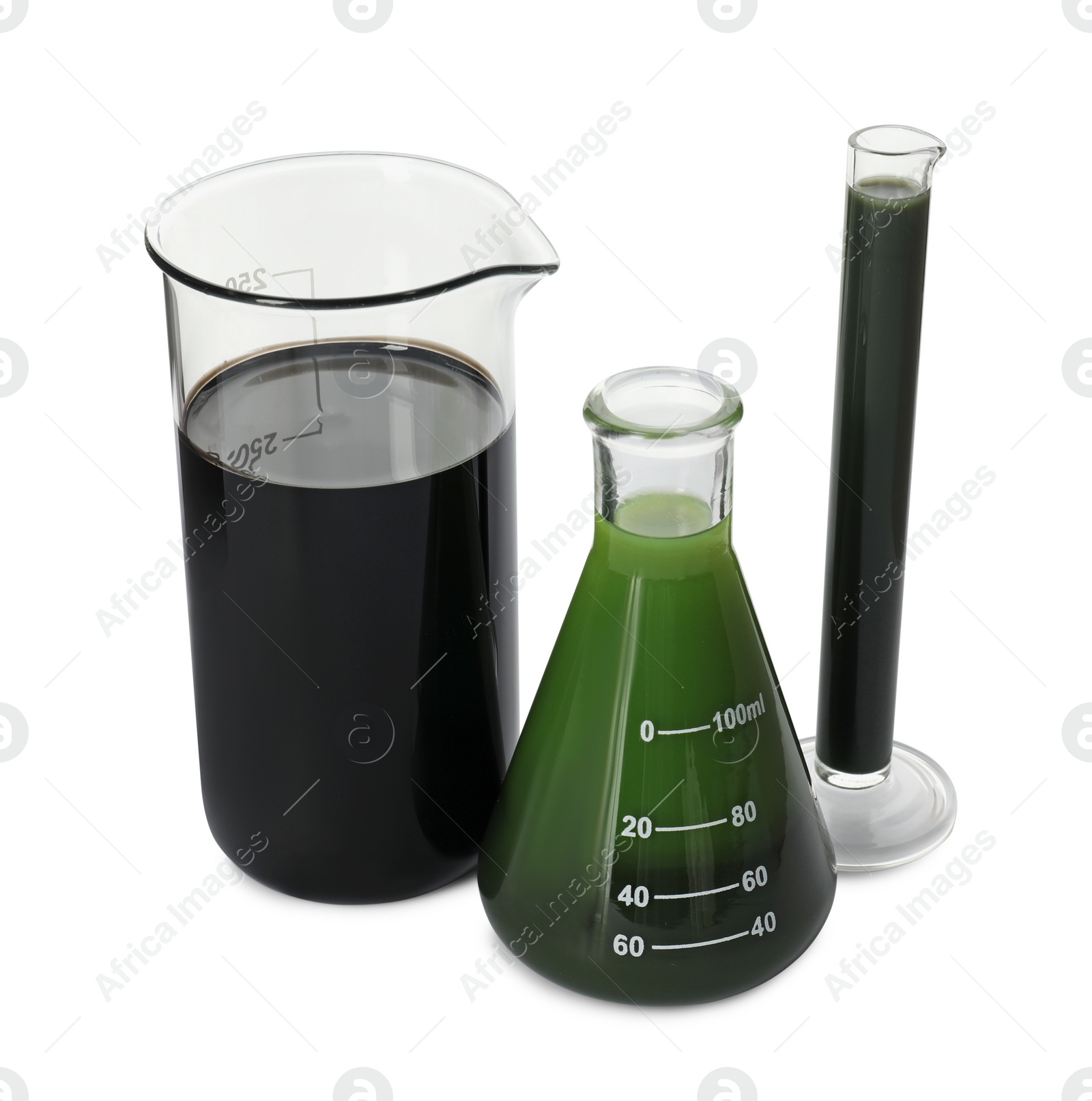 Photo of Beaker, test tube and flask with different types of oil isolated on white