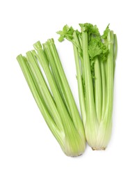 Photo of Fresh green celery bunches isolated on white, top view