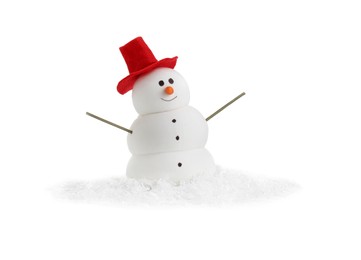 Photo of Funny snowman with red hat isolated on white