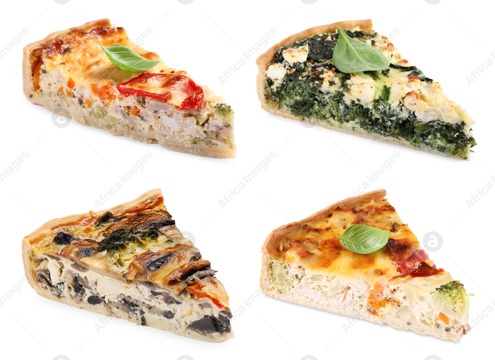 Image of Pieces of different quiches isolated on white, set