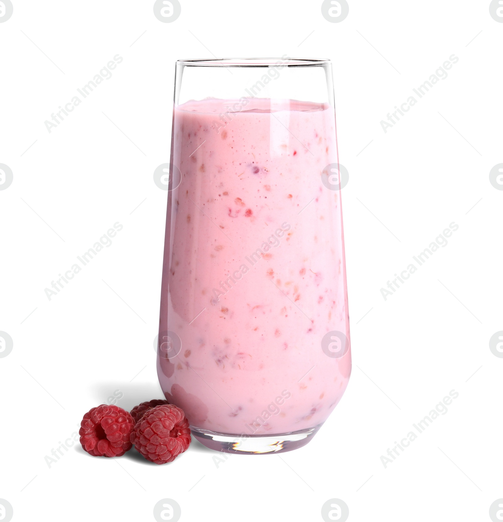 Photo of Tasty raspberry smoothie in glass isolated on white