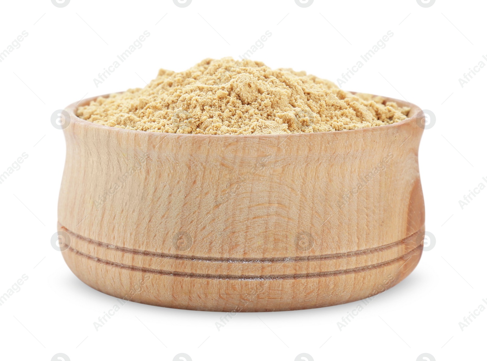 Photo of Aromatic mustard powder in wooden bowl on white background