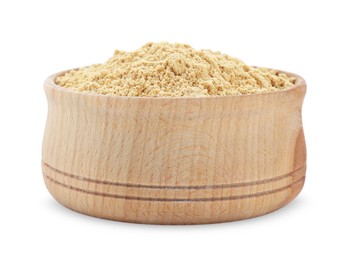 Photo of Aromatic mustard powder in wooden bowl on white background