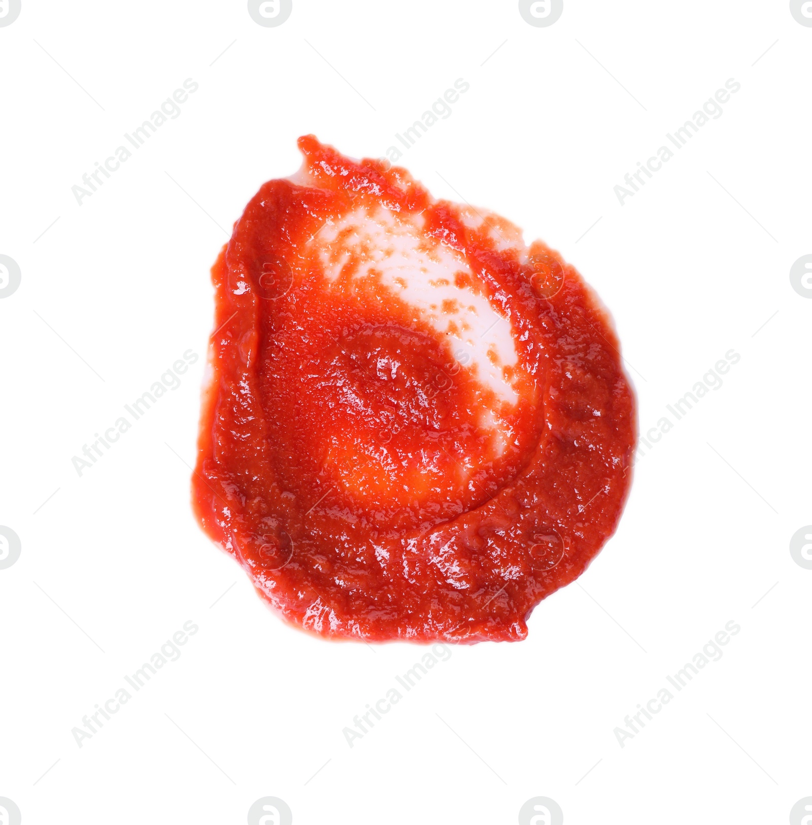 Photo of Tasty tomato paste isolated on white, top view