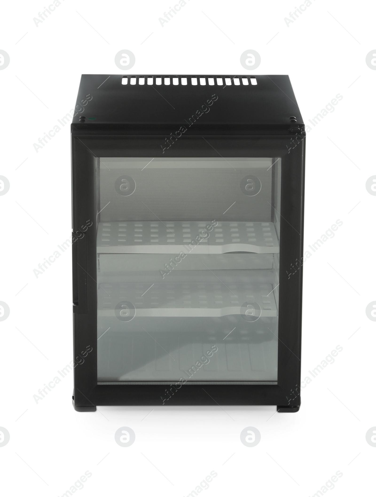 Photo of Empty mini bar with glass door isolated on white