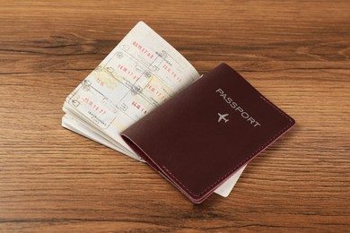 Moldova, Ceadir-Lunga - June 13, 2022: Passports with visa stamps on wooden table