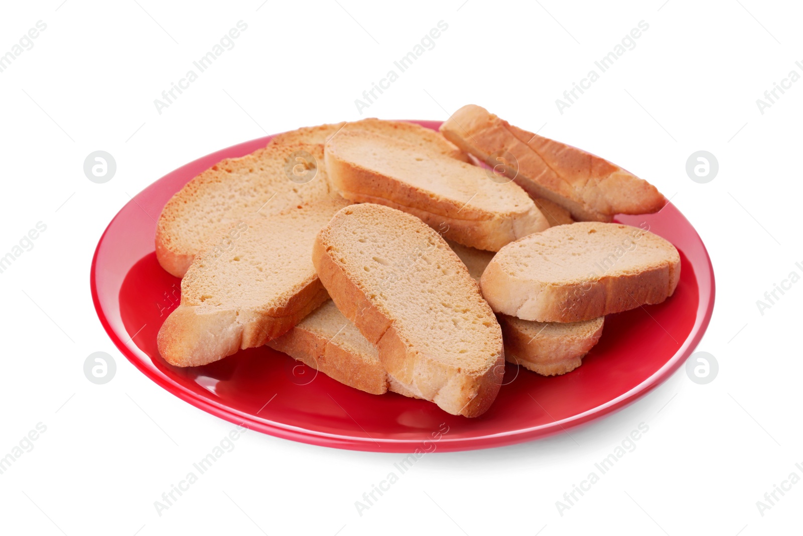 Photo of Plate of hard chuck crackers on white background