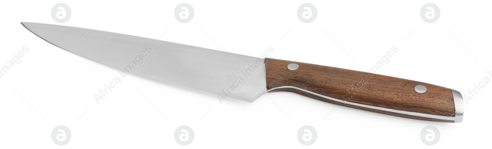 Photo of One sharp knife with wooden handle isolated on white