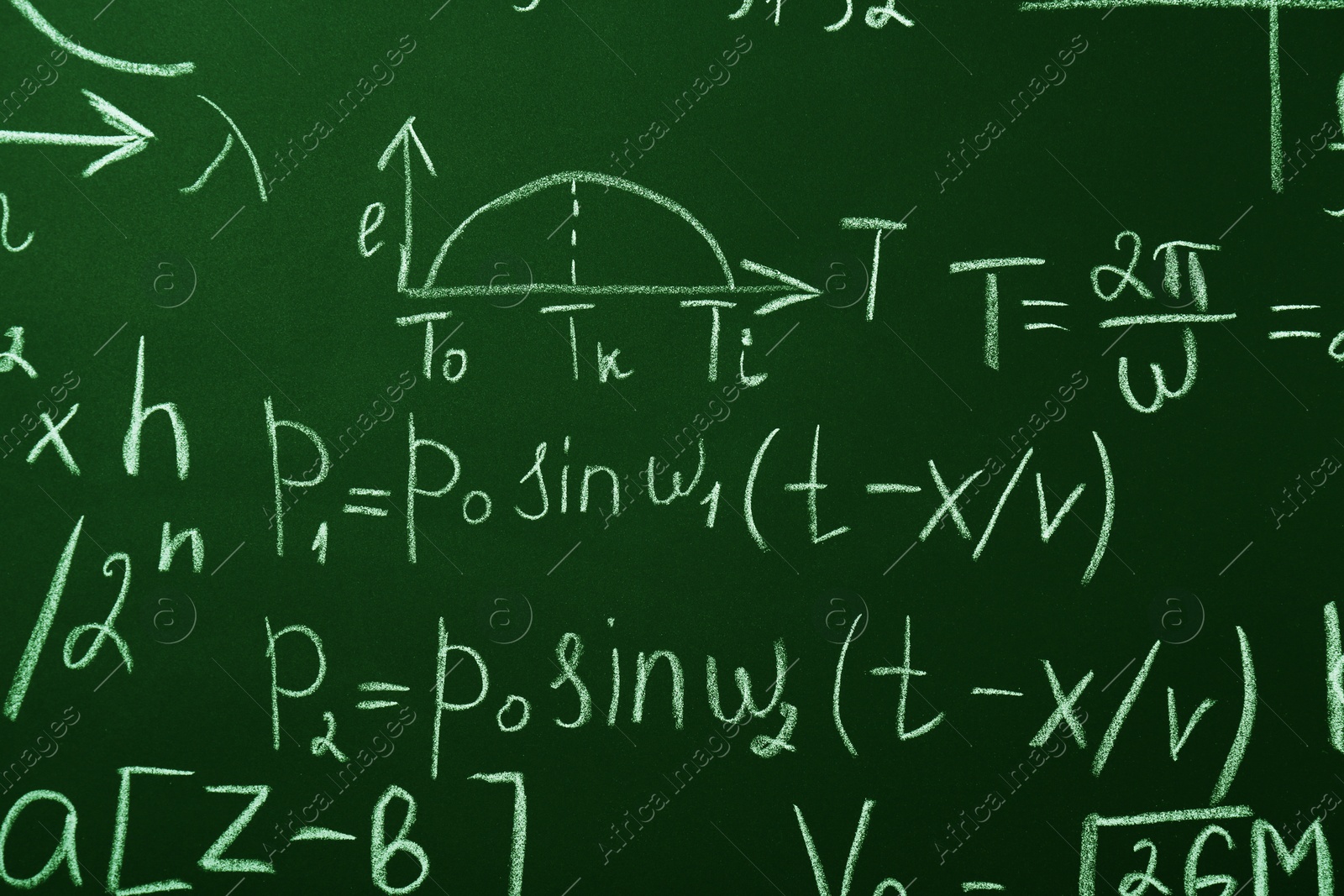 Photo of Many different math formulas written on chalkboard, closeup