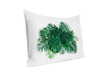 Image of Soft pillow with printed tropical leaves isolated on white