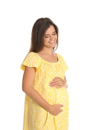 Happy pregnant woman touching her belly on white background