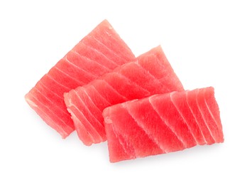 Tasty sashimi (pieces of fresh raw tuna) on white background, top view