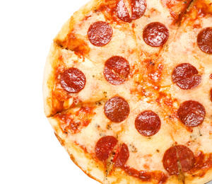 Photo of Hot delicious pepperoni pizza on white background, top view