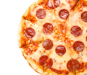 Hot delicious pepperoni pizza on white background, top view