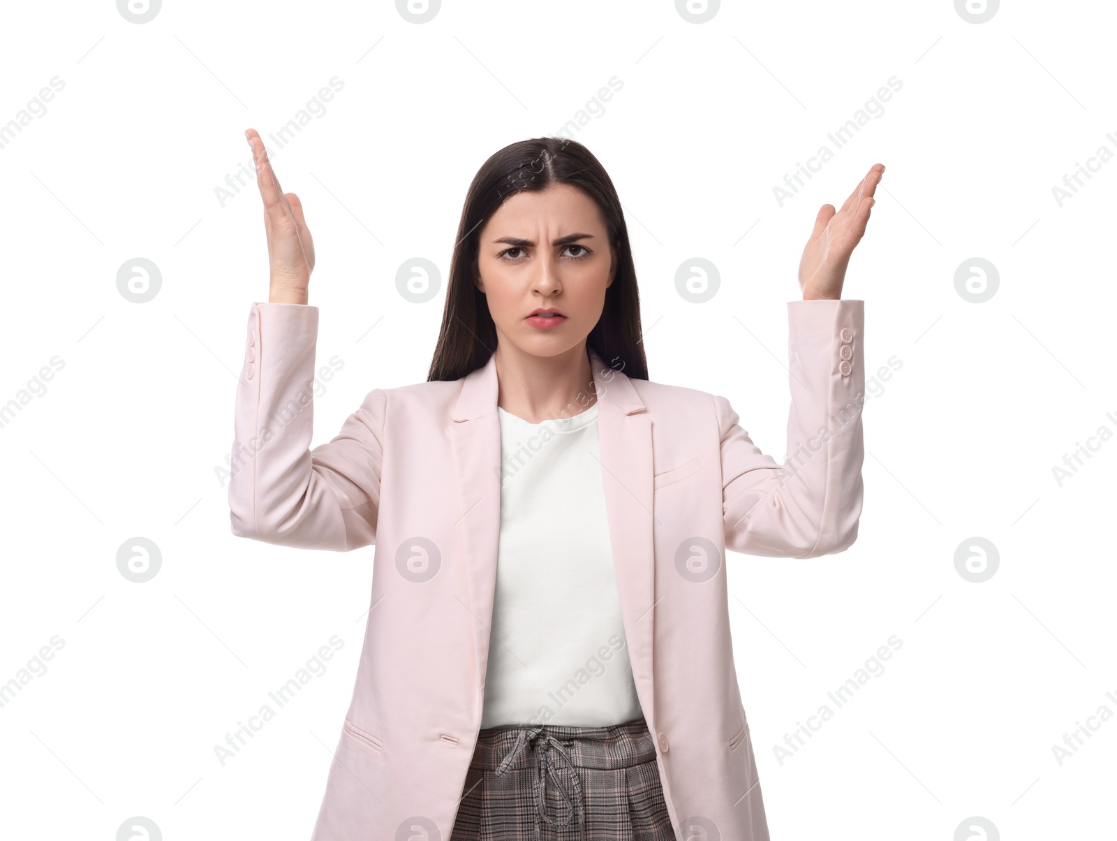 Photo of Beautiful young businesswoman posing on white background