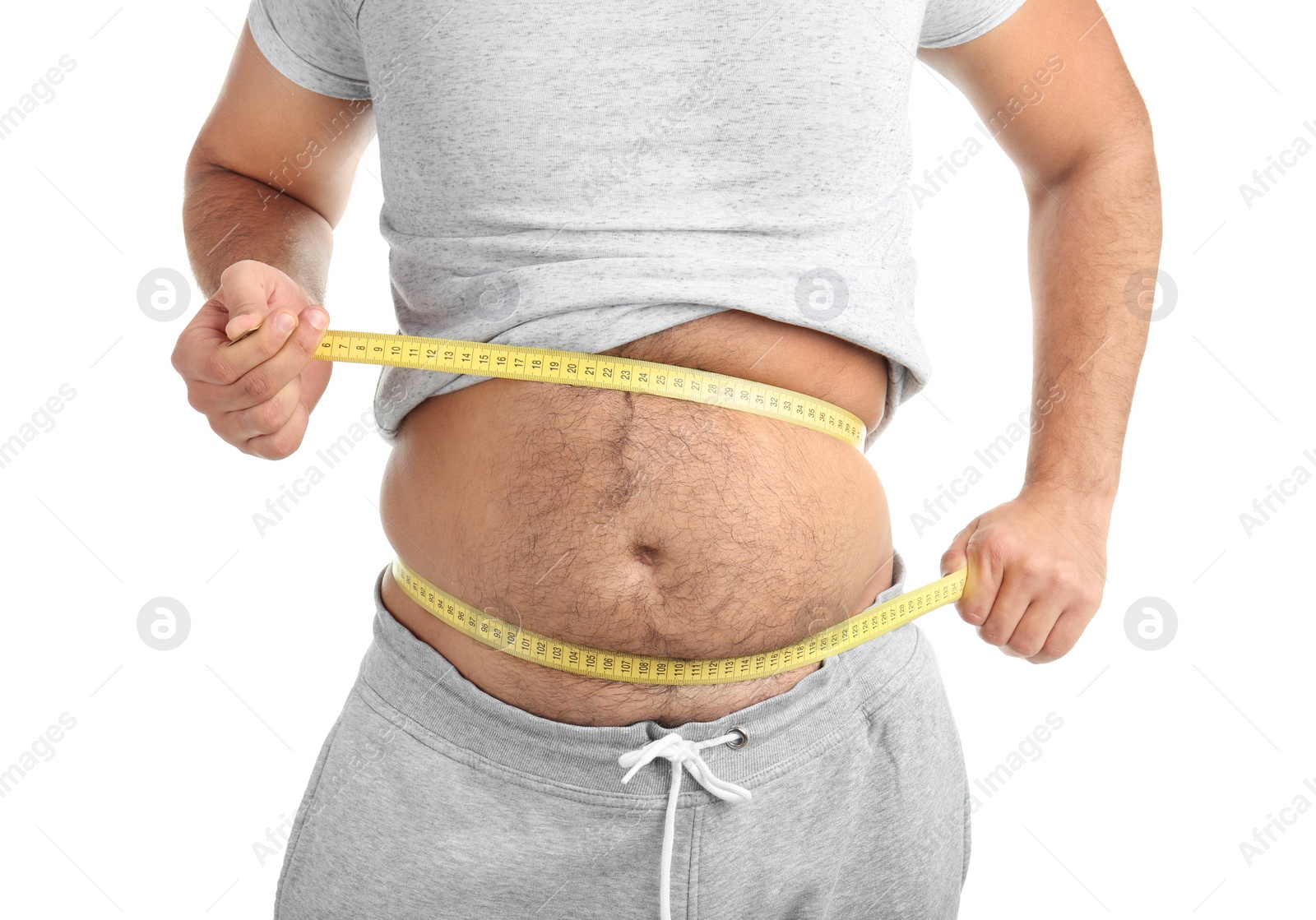 Photo of Overweight man with measuring tape on white background, closeup