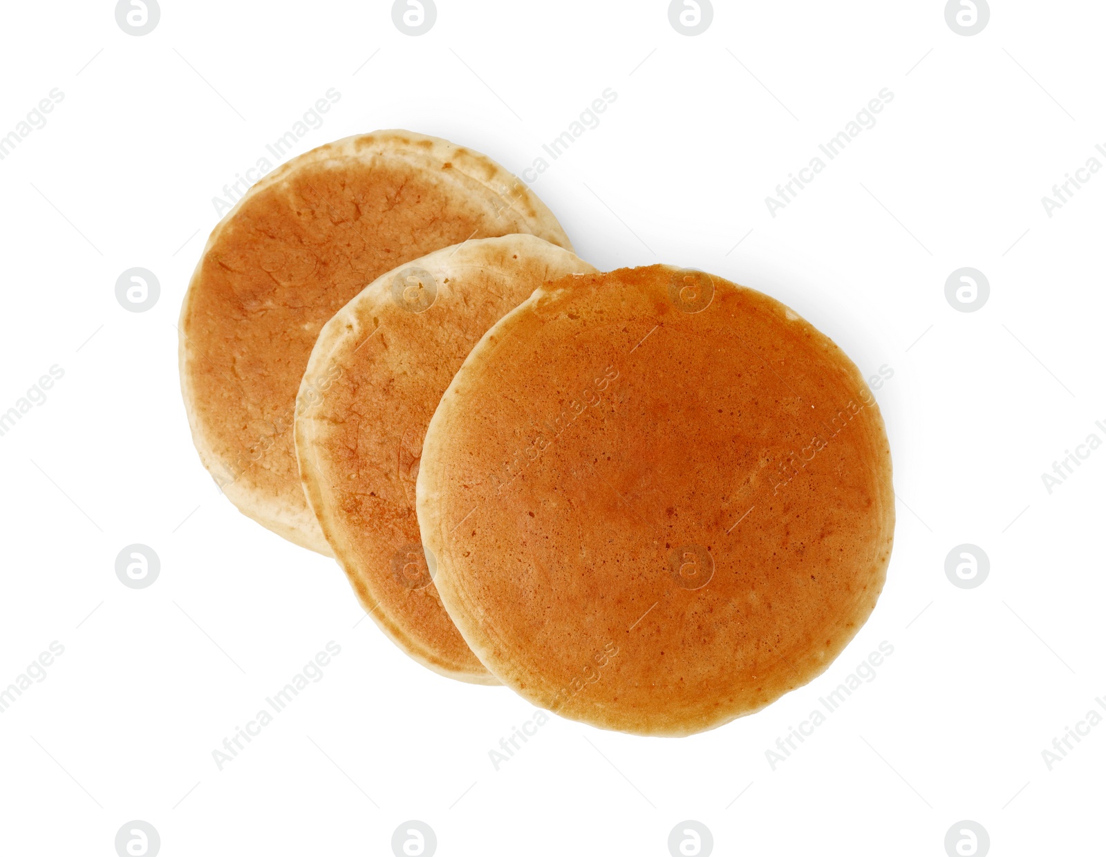 Photo of Tasty pancakes isolated on white, top view