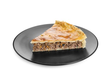 Photo of Piece of delicious pie with minced meat isolated on white