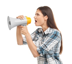 Young woman using megaphone on white background