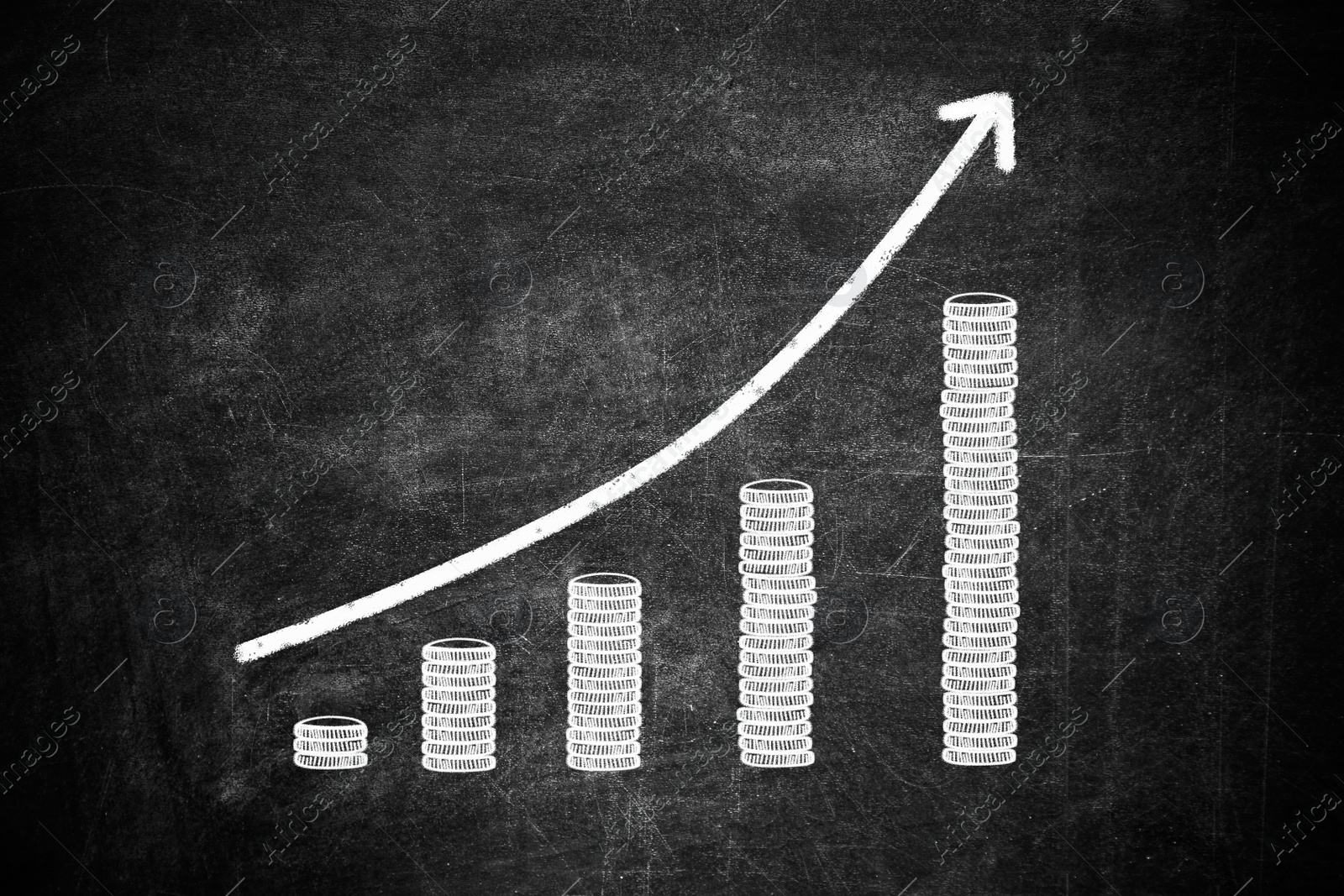 Illustration of Salary increase concept. Up arrow and stacked coins on blackboard